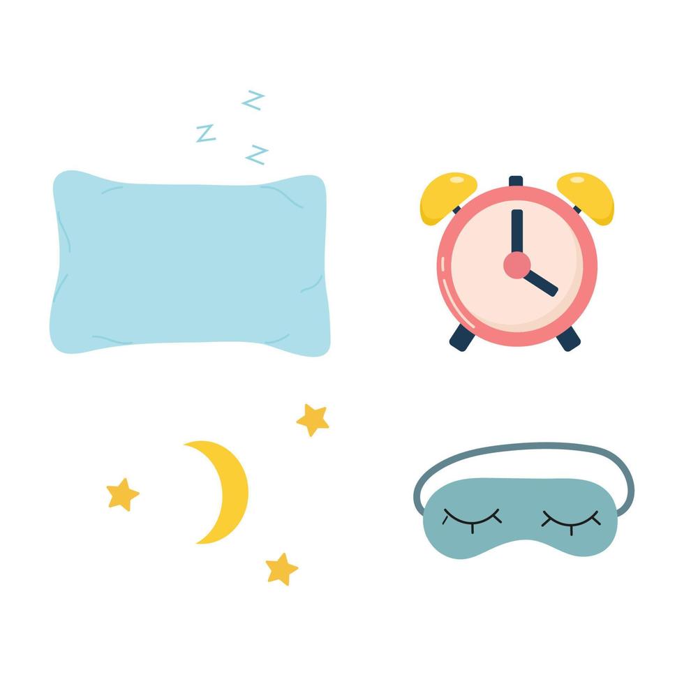 uppsättning av kudde, sömn mask, larm klocka, måne och stjärnor. vektor illustration. design mall. ljuv drömmar