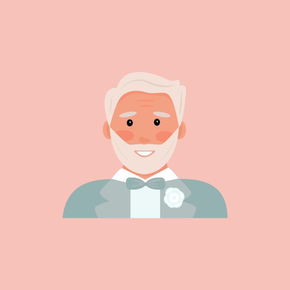 Porträt des älteren Bräutigams. stilvolles bild eines großvaters in einem klassischen anzug mit einer boutaniere. Vektorillustration, flach vektor