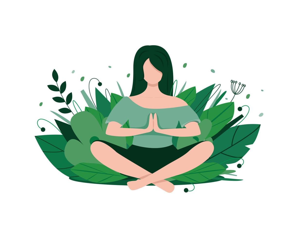 Frau, die in der Natur meditiert. konzeptillustration für yoga, meditation, entspannung, gesunden lebensstil. design für werbung, banner, flyer, einladung zur spirituellen praxis. Vektorillustration, flach vektor