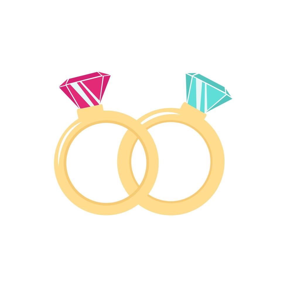 goldene Ringe. Schmuck. Edelsteine im Rahmen. ClipArt isoliert auf weißem Hintergrund. Symbol der Liebe. aufkleber, aufkleber, valentinstag dekor. vektorillustration, handgezeichnet, gekritzel vektor