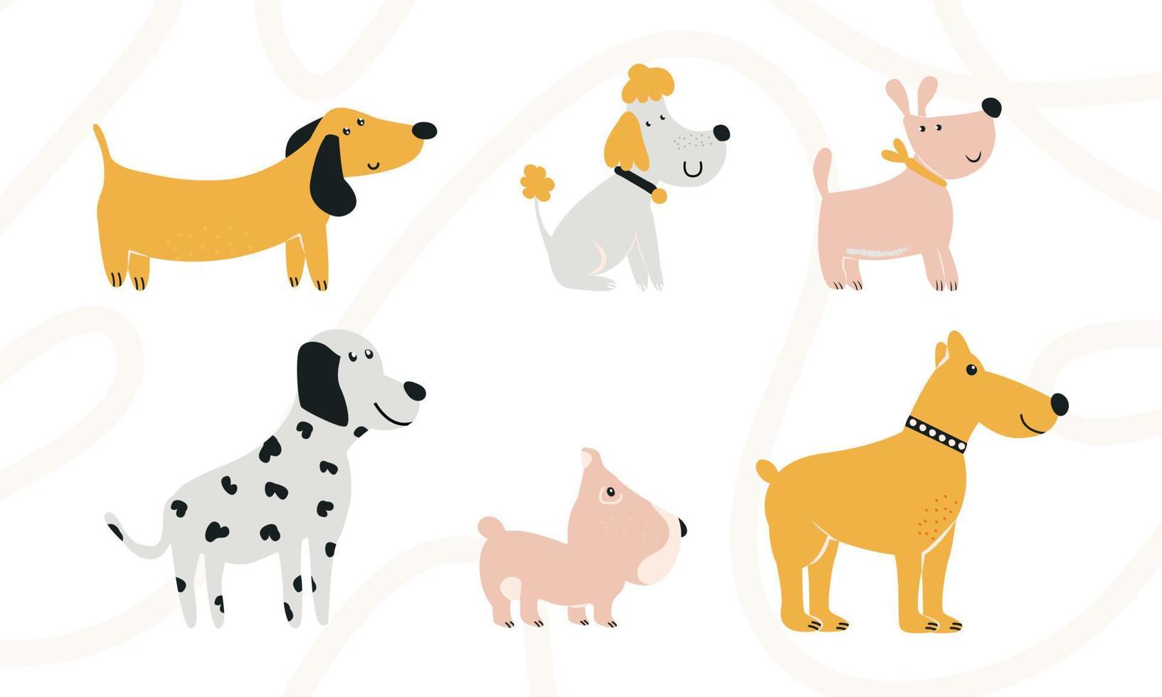 Hunde gesetzt. süße, cartoonartige, stilisierte Haustiere. originelle Cliparts für die Gestaltung von Babyprodukten. vektorillustration, gekritzel vektor