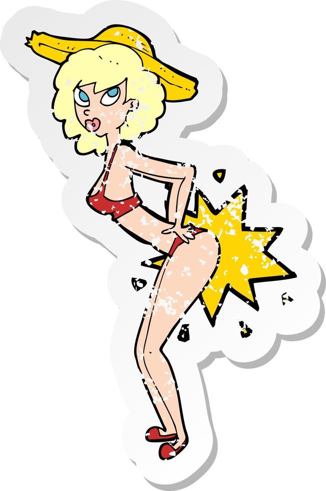 Retro-Distressed-Aufkleber einer Cartoon-Bikini-Pin-up-Frau vektor