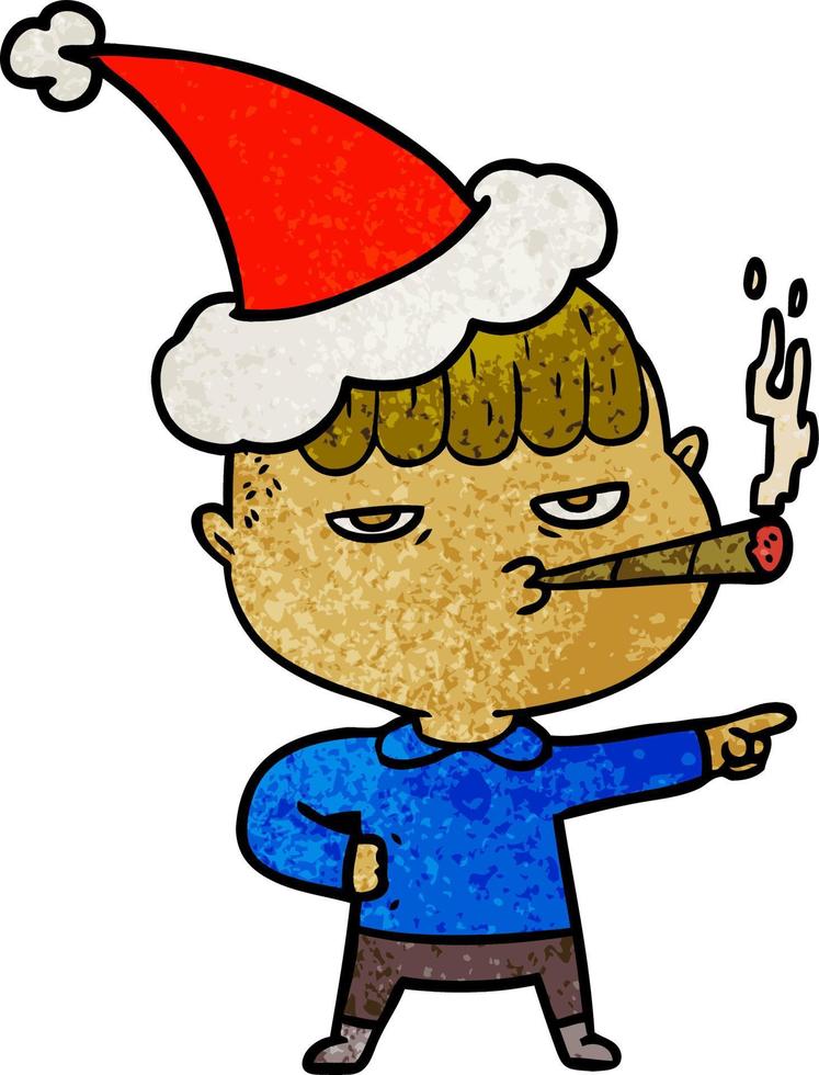 texturerad tecknad serie av en man rökning bär santa hatt vektor