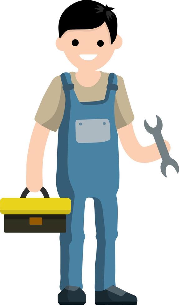tecknad illustration - tekniker man i uniform. ung pojke arbetare. manlig mekaniker med verktygslåda. reparation specialist kille med utrustning vektor