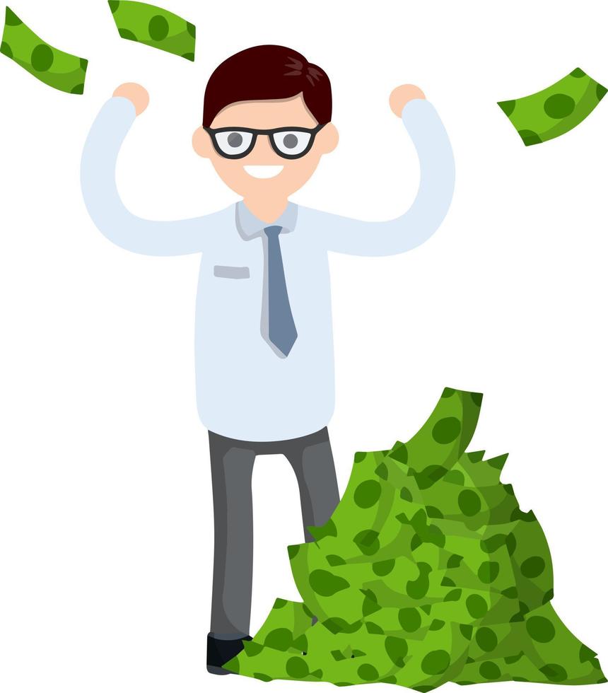 kontorsarbetare i vit skjorta. massa gröna pengar. glad man. tecknad platt illustration. betalning och affärer vektor