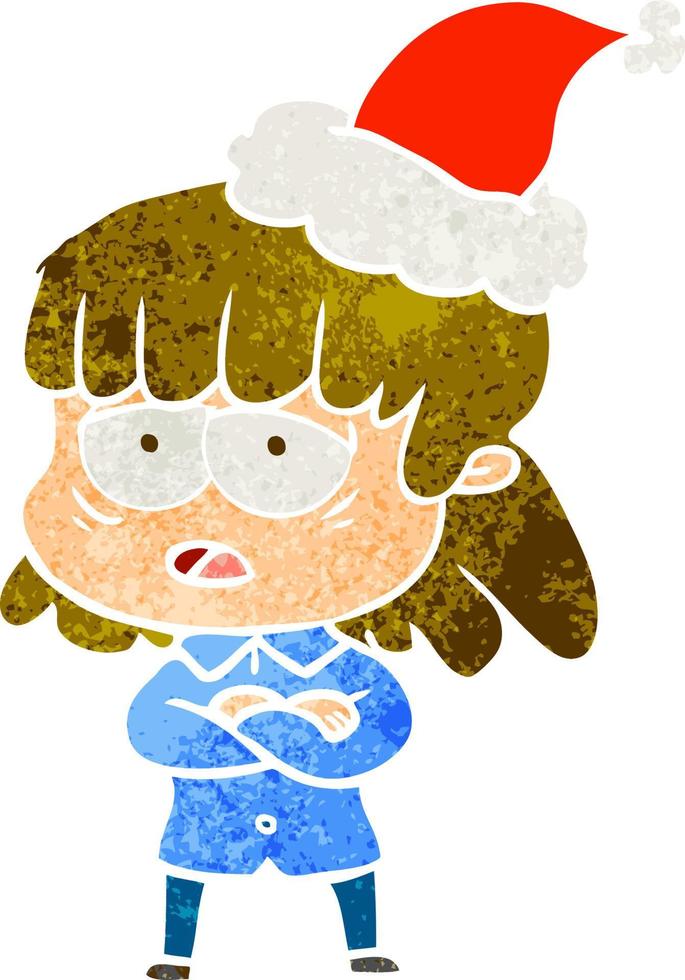 Retro-Karikatur einer müden Frau mit Weihnachtsmütze vektor