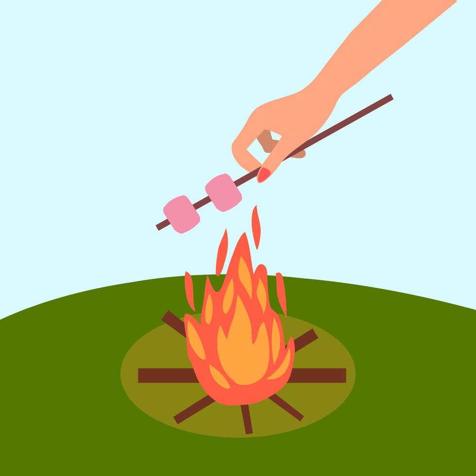 Hand brät Marshmallows über dem Feuer. picknick, ausruhen, freitag in der natur. Cartoon-Vektor-Illustration vektor