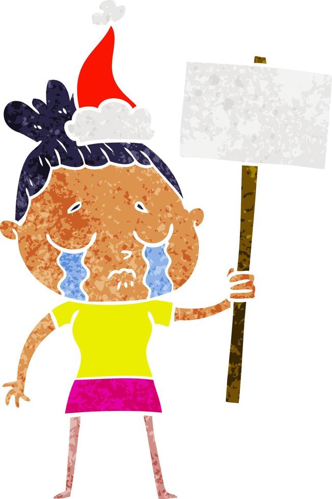 retro tecknad serie av en gråt kvinna med protest tecken bär santa hatt vektor