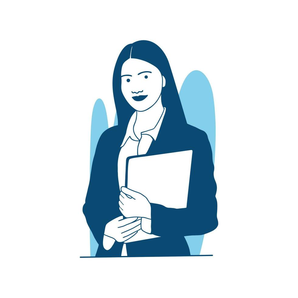 Flat Style Vector Illustration ein schönes Business-Mädchen mit Laptop-Computer