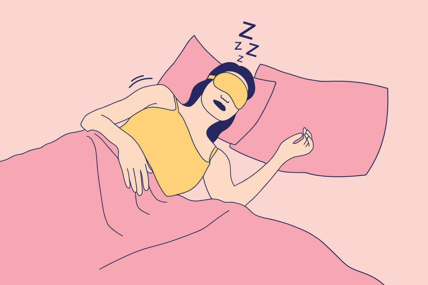 illustrationer av skön ung kvinna med sömn mask njut av sovande på de säng vektor
