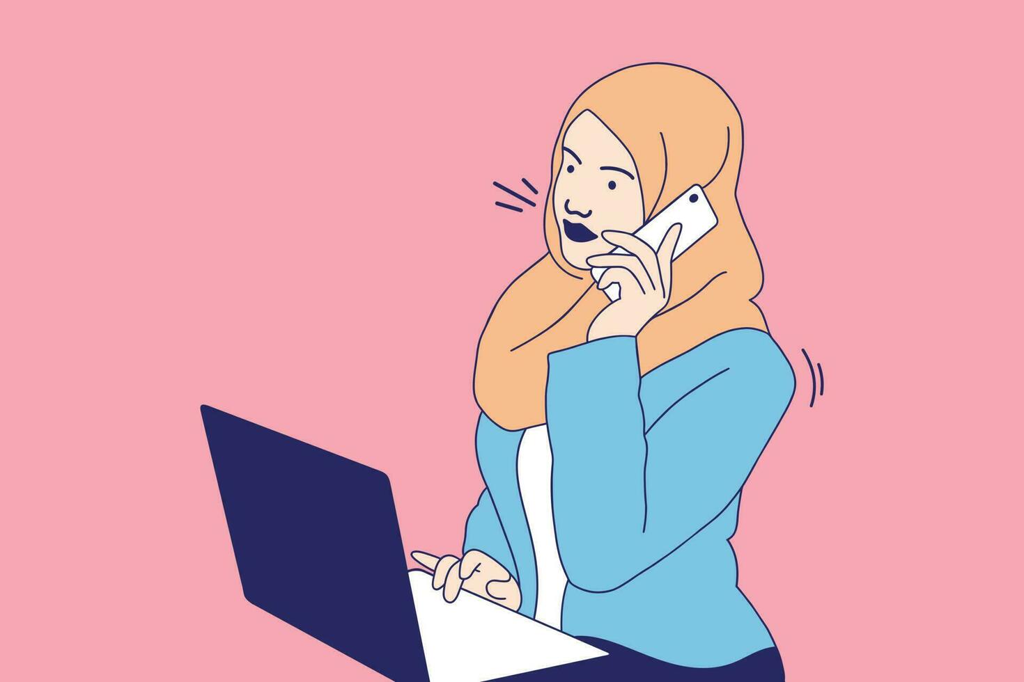 illustrationer skön företag muslim kvinna arbete från Hem med bärbar dator och innehav telefon vektor