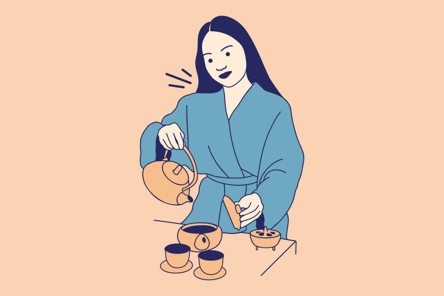 illustrationer av skön ung kvinna häller te från en svart kasta järn tekanna vektor