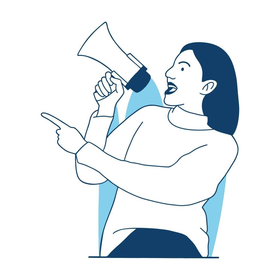 platt stil vektor illustration en skön flicka med megafon meddelande befordran
