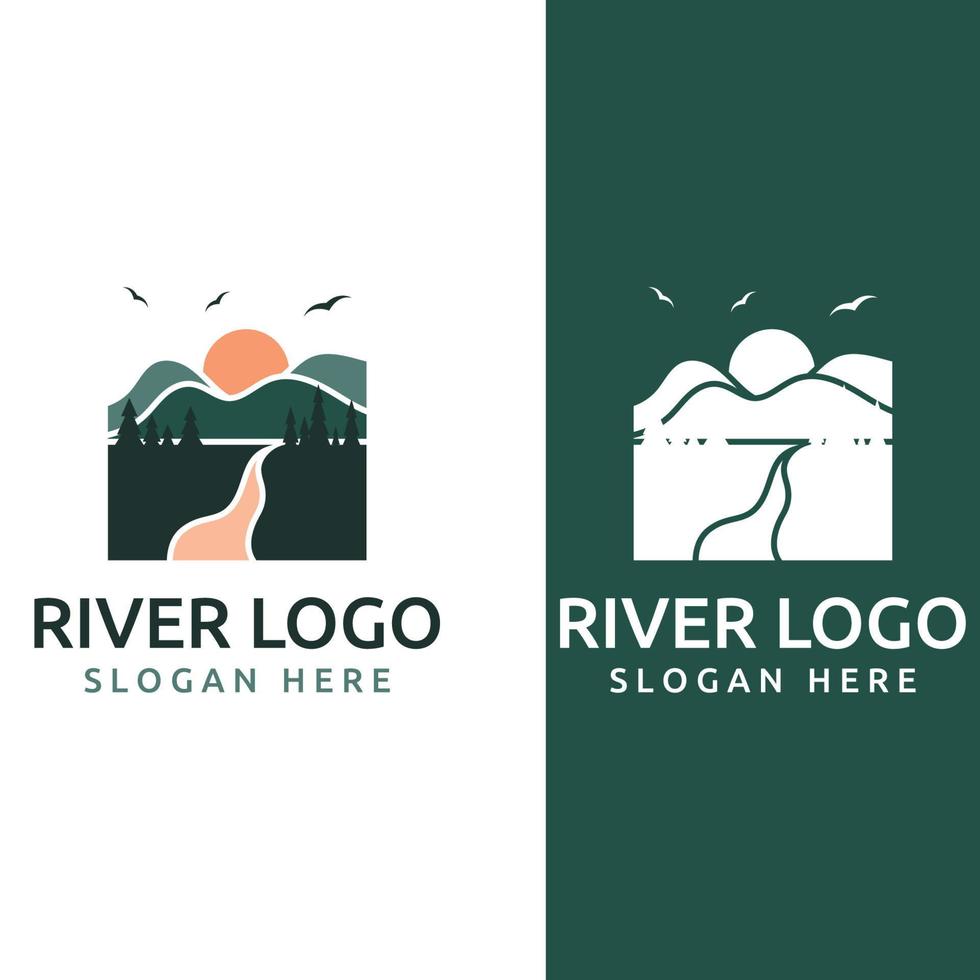 Logos von Flüssen, Bächen, Ufern und Bächen. Fluss-Logo mit Kombination aus Bergen und Ackerland mit Konzeptdesign-Vektorillustrationsvorlage. vektor