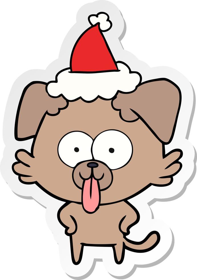 Aufkleber-Karikatur eines Hundes mit herausgestreckter Zunge und Weihnachtsmütze vektor