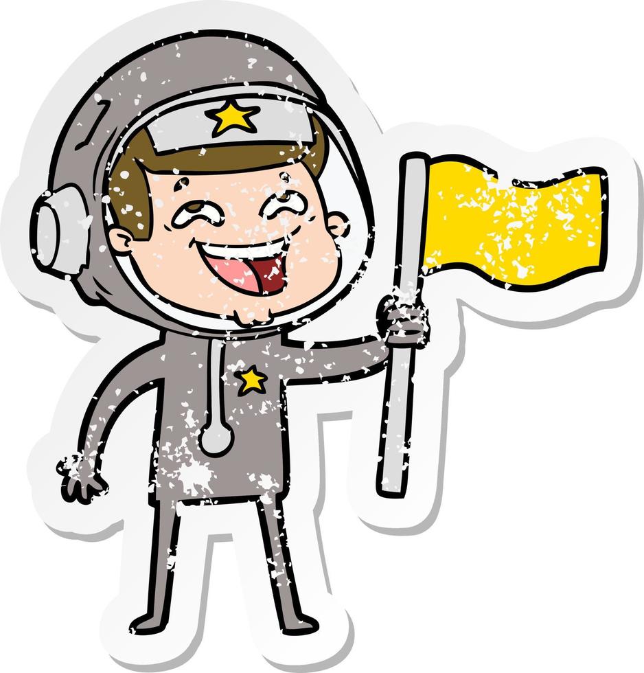 beunruhigter Aufkleber eines lachenden Cartoon-Astronauten, der die Flagge schwenkt vektor