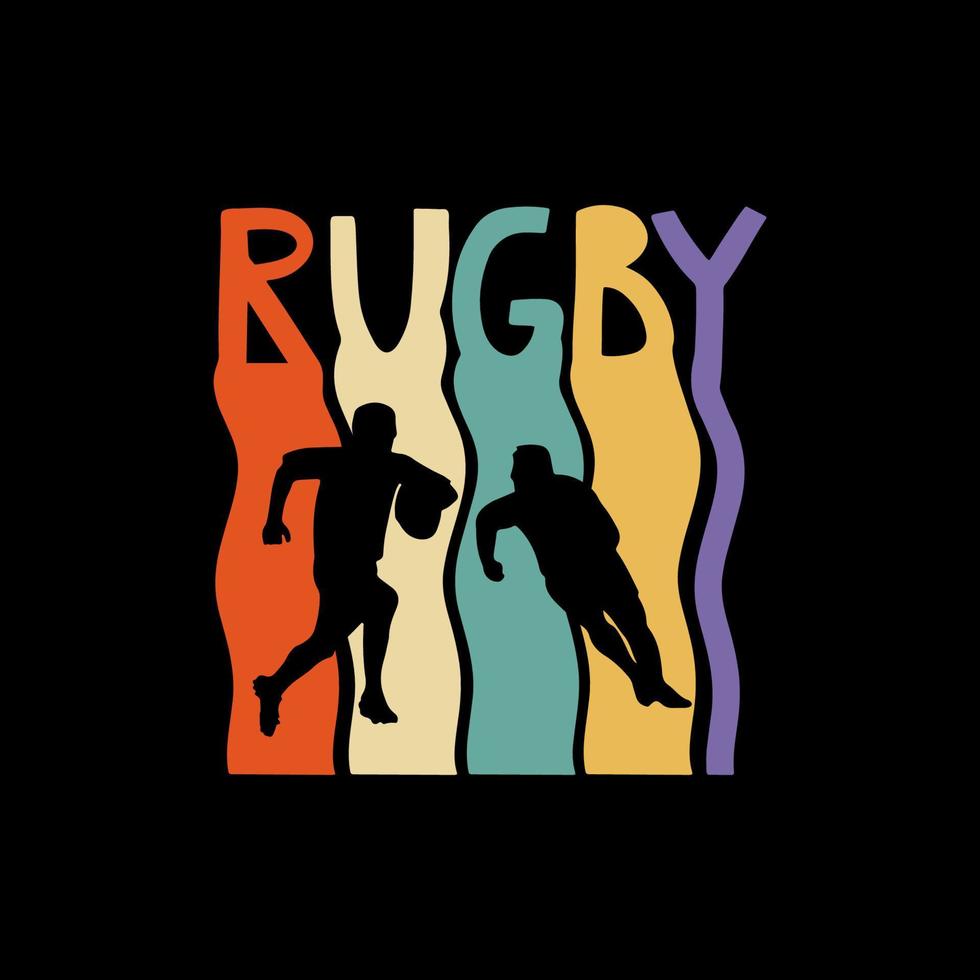 Rugby handgezeichneter Schriftzug mit Rugbyspielern. Sportdesign auf schwarzem Hintergrund. vektor