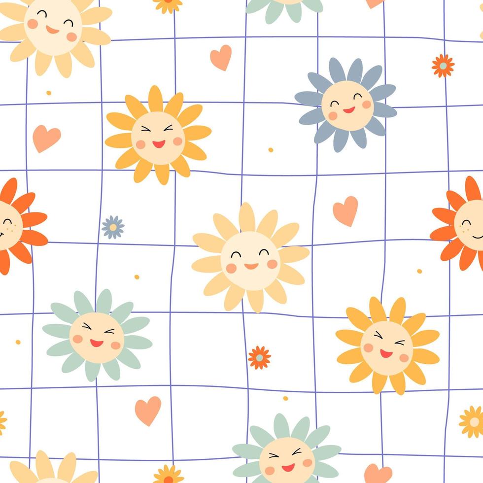 nahtloses Muster mit Sonnenblumen. sommerlicher druck mit lächelnden gesichtern aus blumen, herzen, linien. Vektorgrafiken. vektor