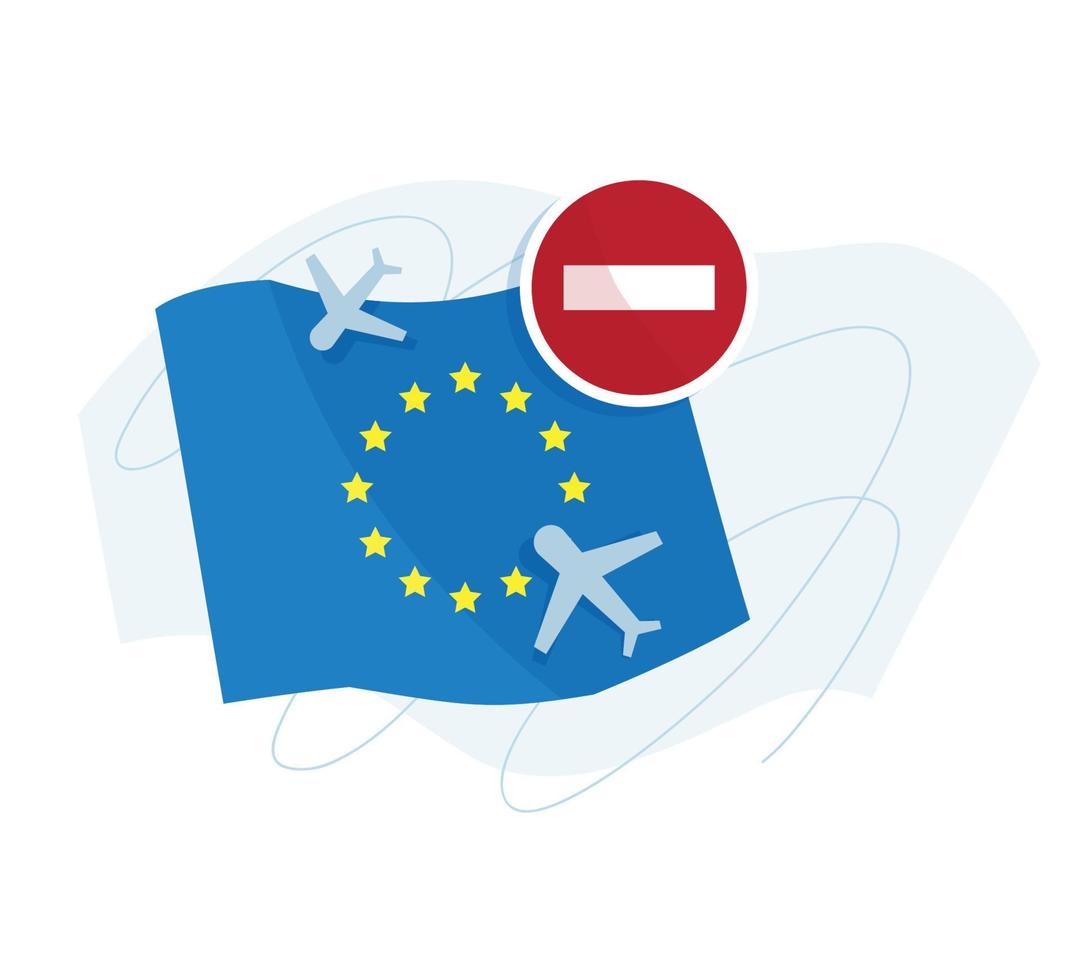 einreiseverbot für eu-länder.eu-flagge, flugzeug, verbotsschild. Vektorbild. vektor