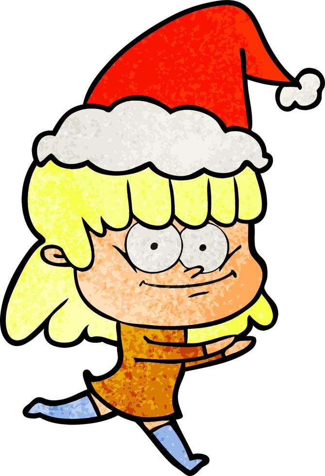 strukturierter Cartoon einer lächelnden Frau mit Weihnachtsmütze vektor