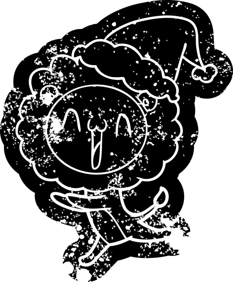Fröhliche Cartoon-Distressed-Ikone eines Löwen mit Weihnachtsmütze vektor