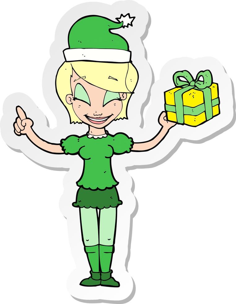 Aufkleber einer Cartoon-Frau mit Weihnachtsgeschenk vektor