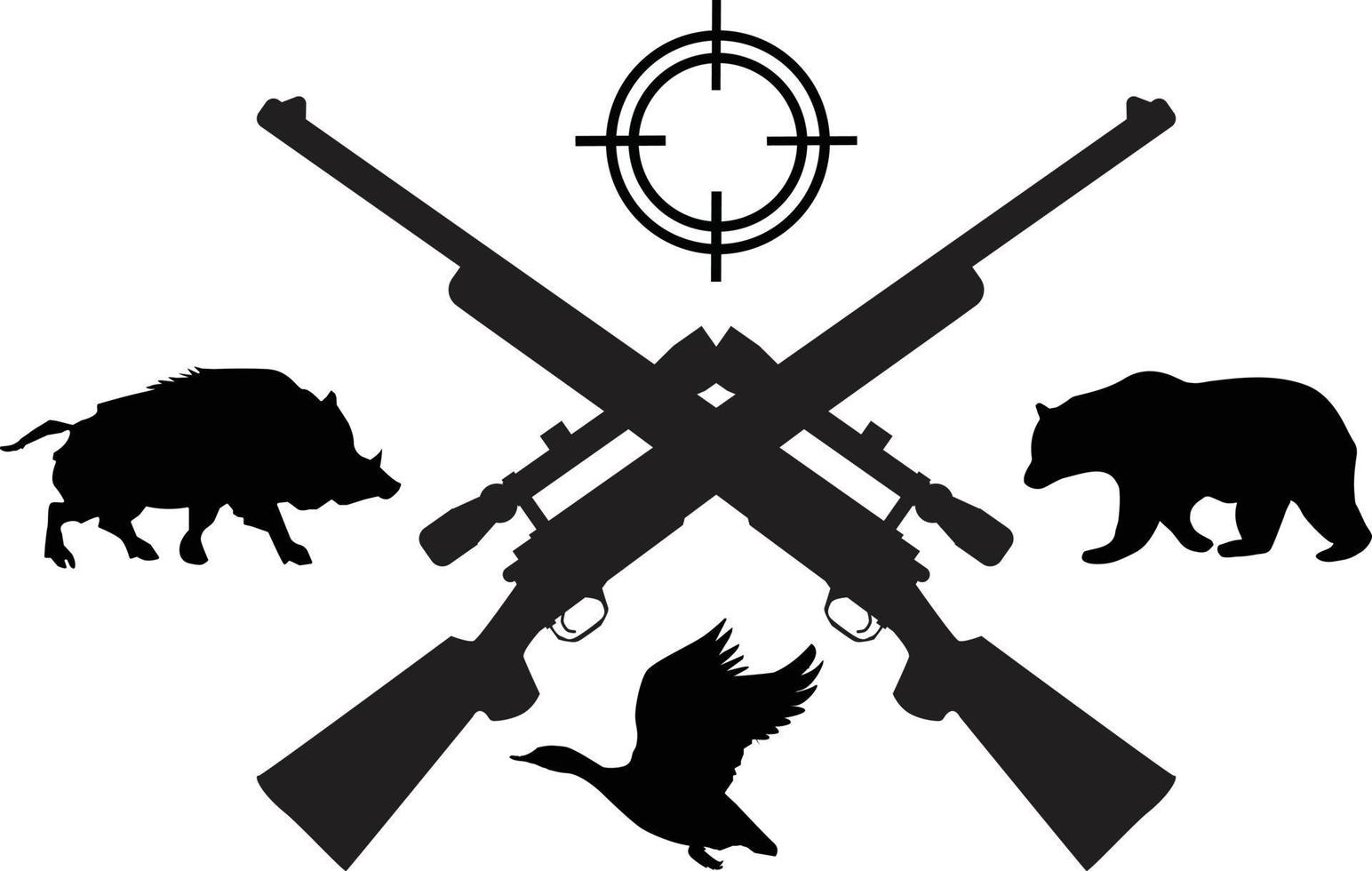 Jagd-Vintage-Symbol. gekreuzte Jagdgewehre, Bären, Enten, Wildschweinsilhouetten. flacher Stil. vektor