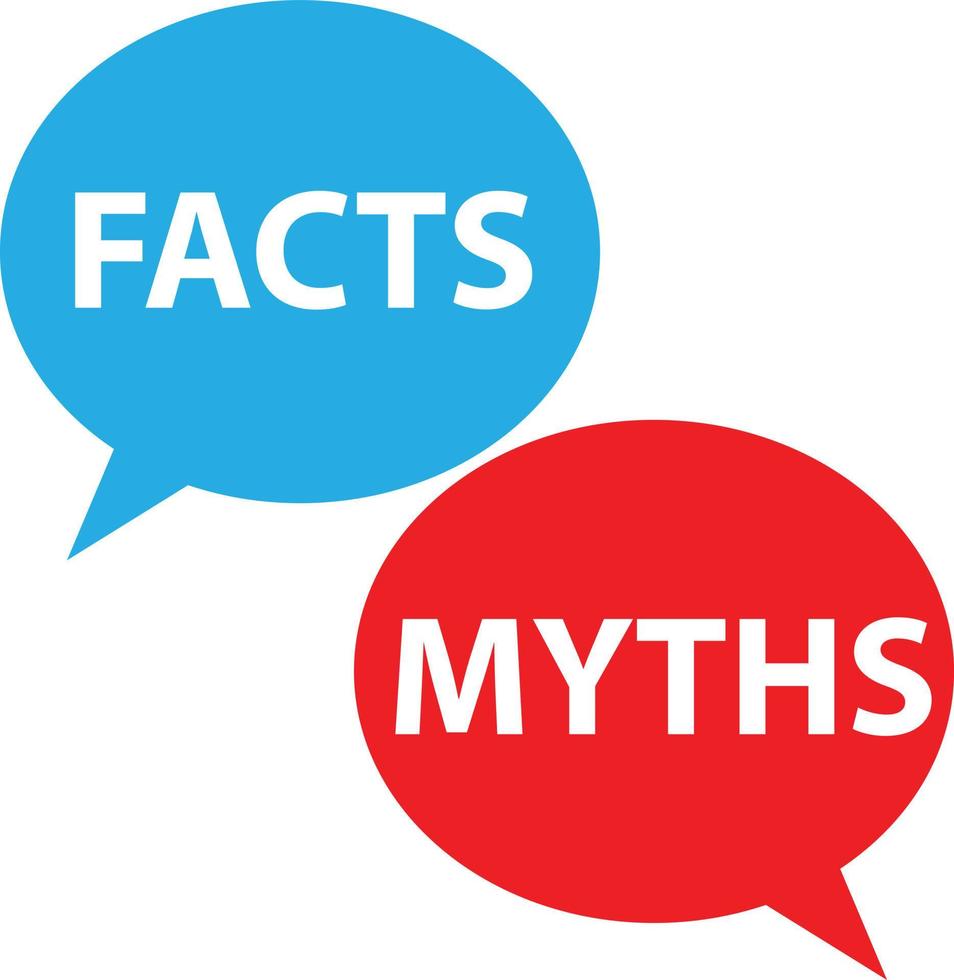 fakta och myter ikon på vit bakgrund. blå och röd bubblor med myter mot fakta. fakta mot myter begrepp. platt stil. vektor