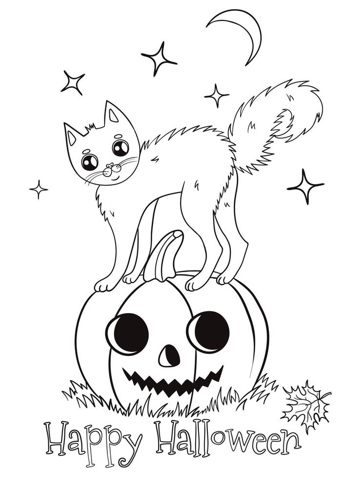 Halloween-Malseite mit einer Katze, die auf einem Kürbis steht. Vektorgrafiken. vektor