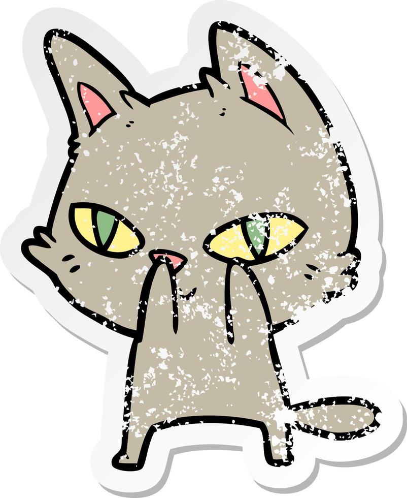 bedrövad klistermärke av en tecknad katt som stirrar vektor