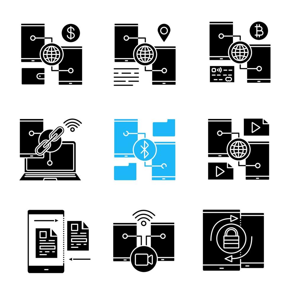 Smartphone-Glyphen-Symbole gesetzt. Dollar- und Bitcoin-Geldbörsen, GPS-Navigation, Link, Bluetooth, Inhaltsfreigabe, Datei-Upload, Videonachricht, Passwort. Silhouettensymbole. vektor isolierte illustration