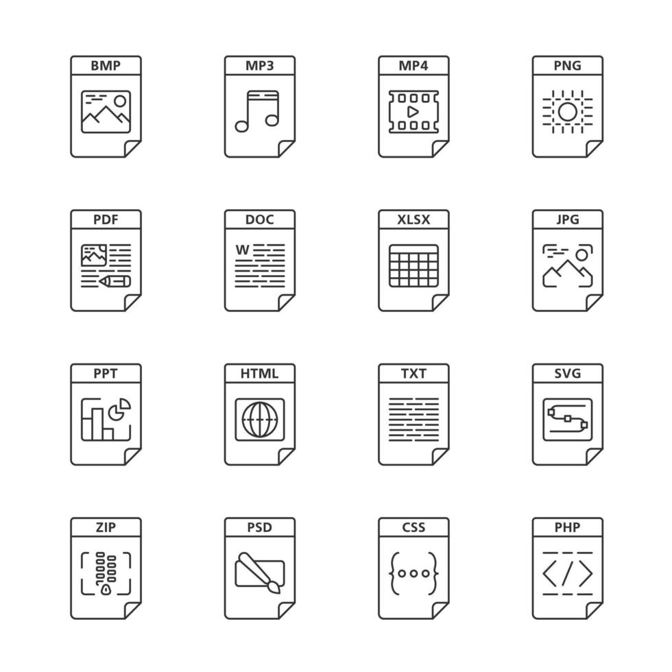 Dateien formatieren lineare Symbole festgelegt. Multimedia, Text, digitale Webdateien. mp3, mp4, png, pdf, doc, xlsx, jpg, html, zip. dünne Linienkontursymbole. isolierte vektorumrissillustrationen. editierbarer Strich vektor