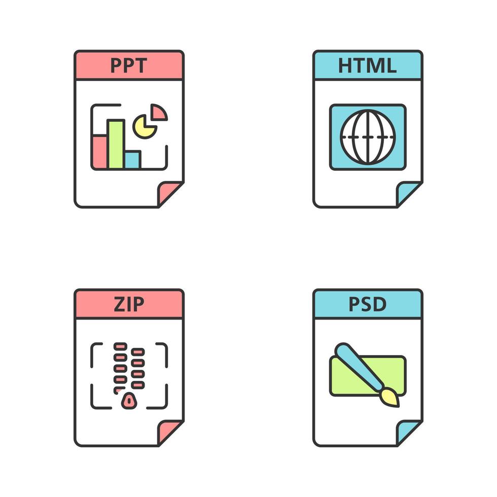 Farbsymbole für Dateiformate festgelegt. Präsentation, Webseite, Archiv, Bilddateien. ppt, html, zip, psd. isolierte Vektorgrafiken vektor