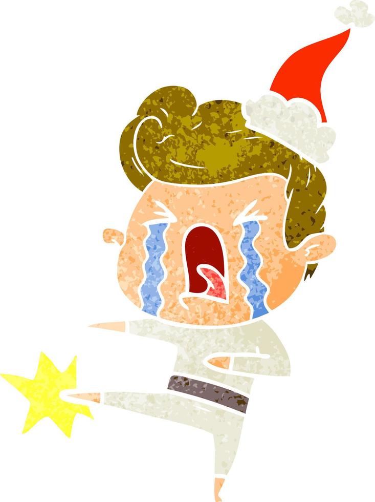 Retro-Karikatur eines weinenden Mannes mit Weihnachtsmütze vektor