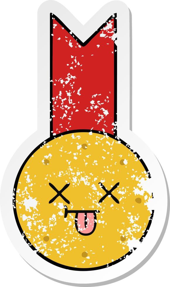 beunruhigter Aufkleber einer niedlichen Cartoon-Goldmedaille vektor