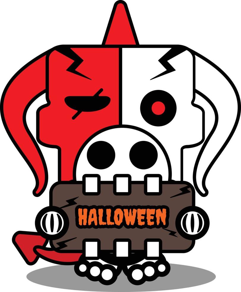 halloween tecknad serie röd jäkel ben maskot karaktär vektor illustration söt skalle innehav halloween styrelse