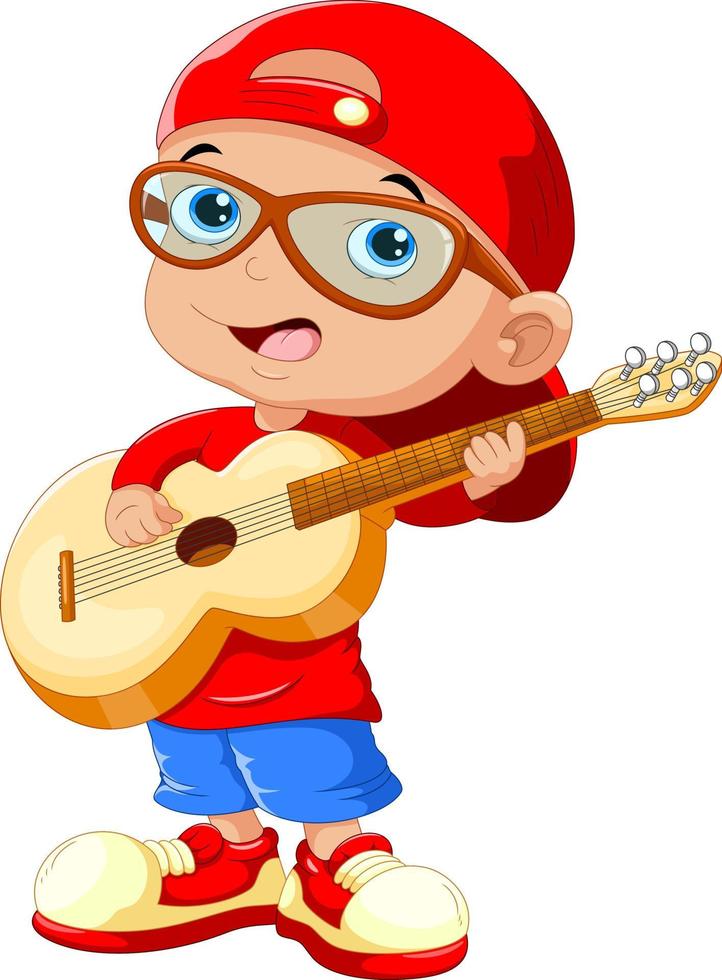 kleines Kind mit rotem Hut und Sonnenbrille, das Gitarre spielt vektor