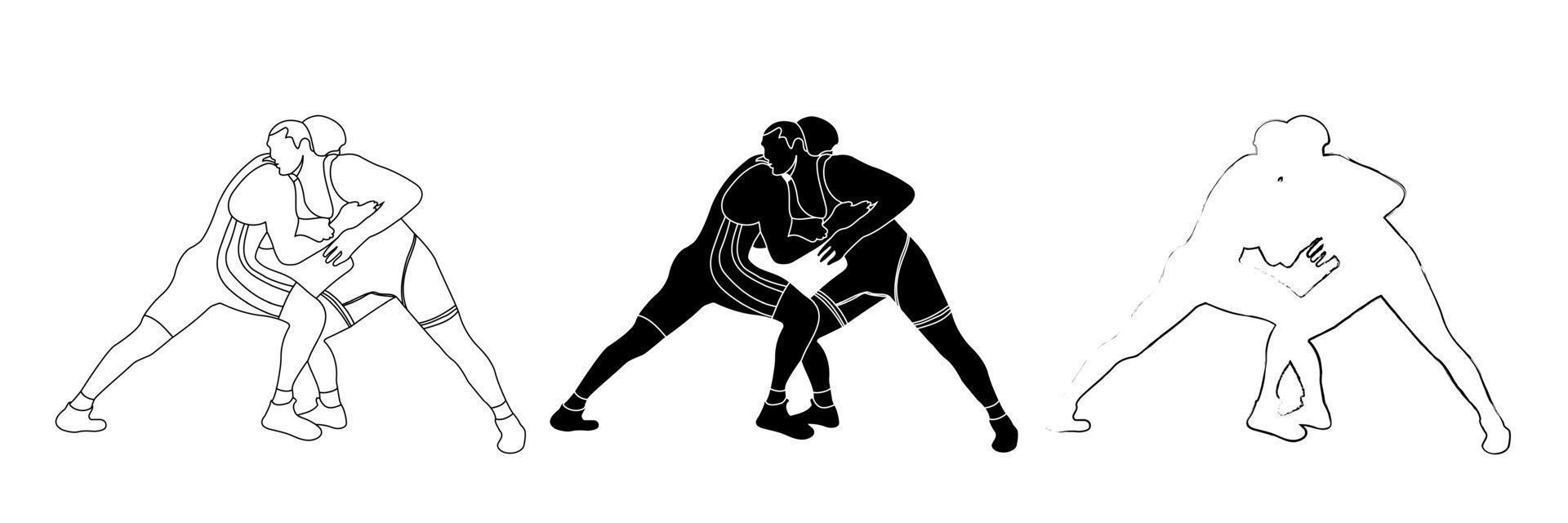 Umrissskizze Schwarz-Weiß-Silhouette eines Wrestler-Athleten beim Wrestling, Halten, Grappling. Doodle Schwarz-Weiß-Strichzeichnung. vektor