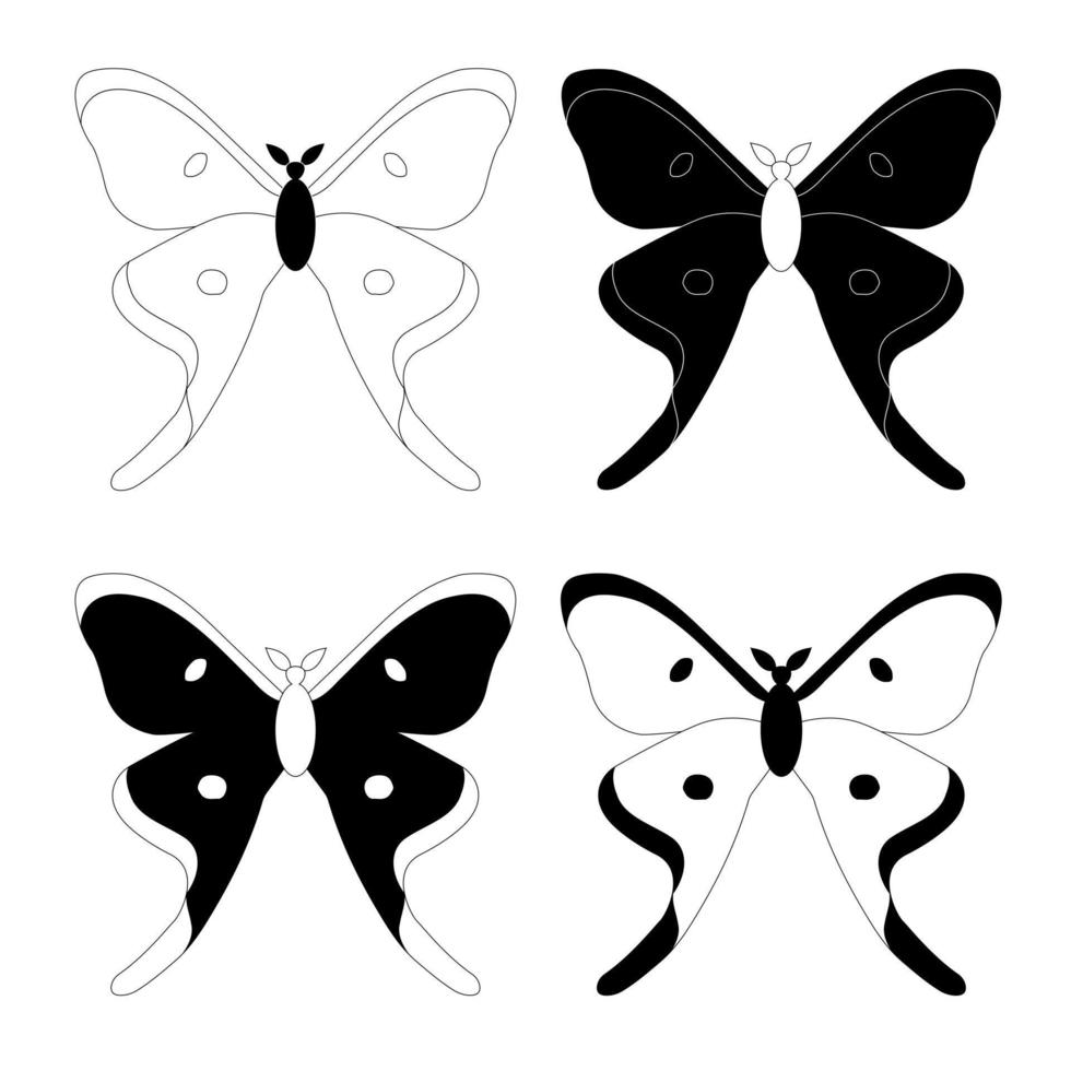 artuppsättning, svarta och vita fjärilsinsekter, platt stil. vektor