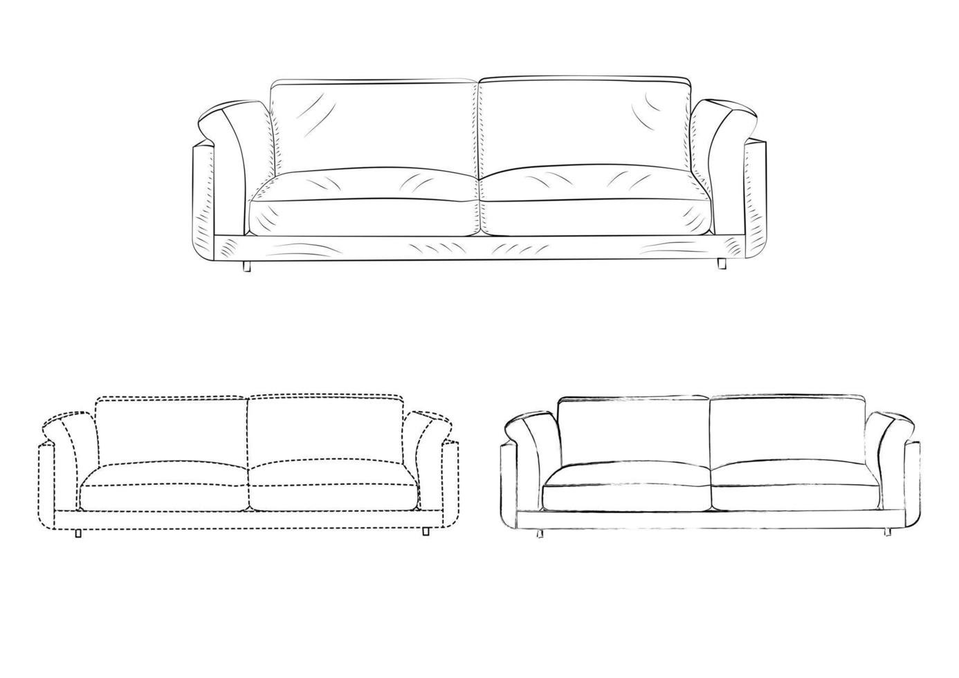 Zeichnungsskizze, Silhouette Umriss Sofa, Couch, Couch, Tagesbett, Chaiselongue, Ottomane. Linienstil und Pinselstriche vektor
