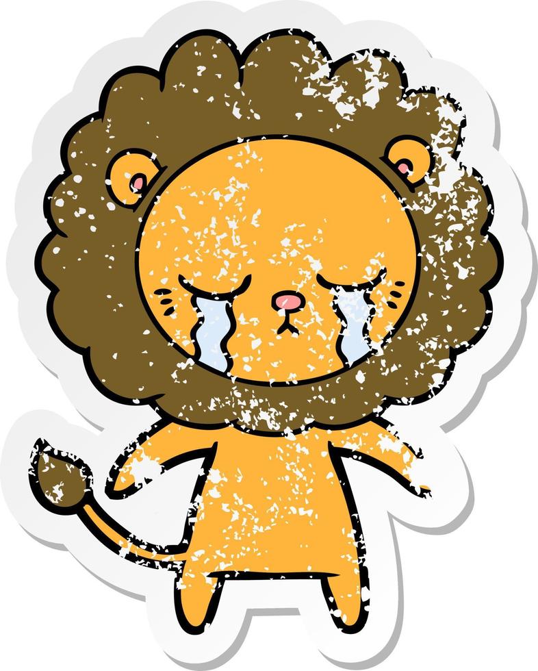 bedrövad klistermärke av ett gråtande tecknat lejon vektor