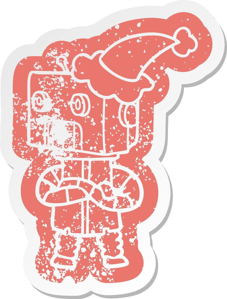 Cartoon-Distressed-Aufkleber eines Roboters mit Weihnachtsmütze vektor