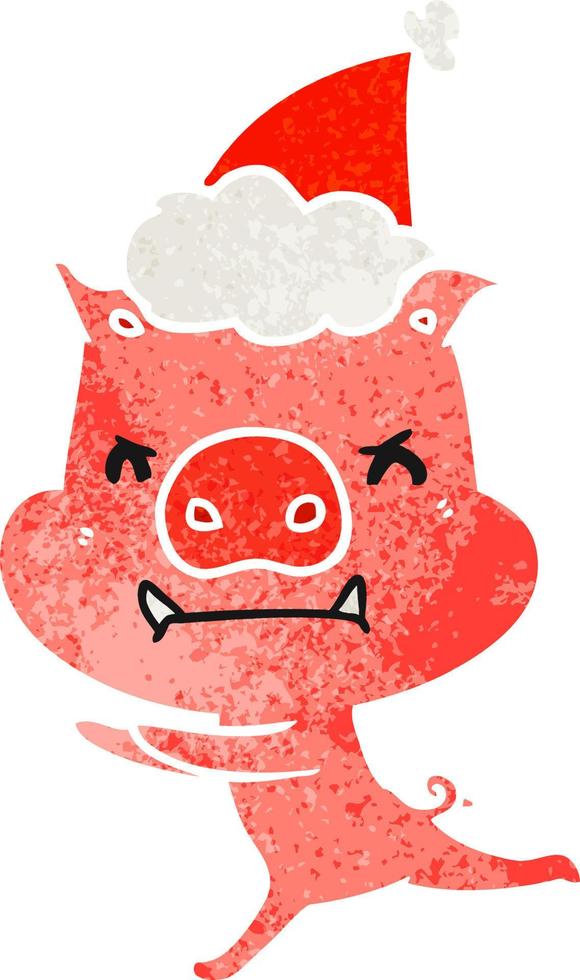 arg retro tecknad serie av en gris bär santa hatt vektor