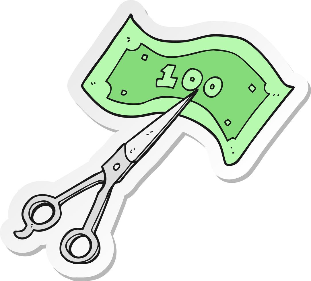 klistermärke av en tecknad serie sax skärande pengar vektor