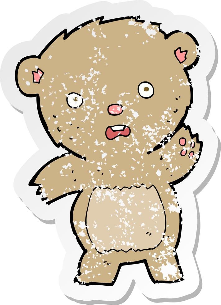 Retro beunruhigter Aufkleber eines unglücklichen Teddybären der Karikatur vektor