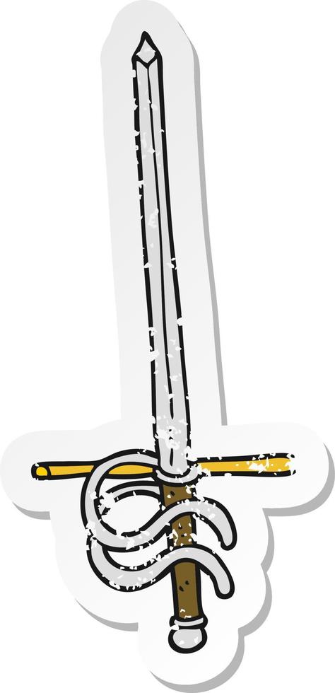 retro nödställda klistermärke av ett tecknat svärd vektor