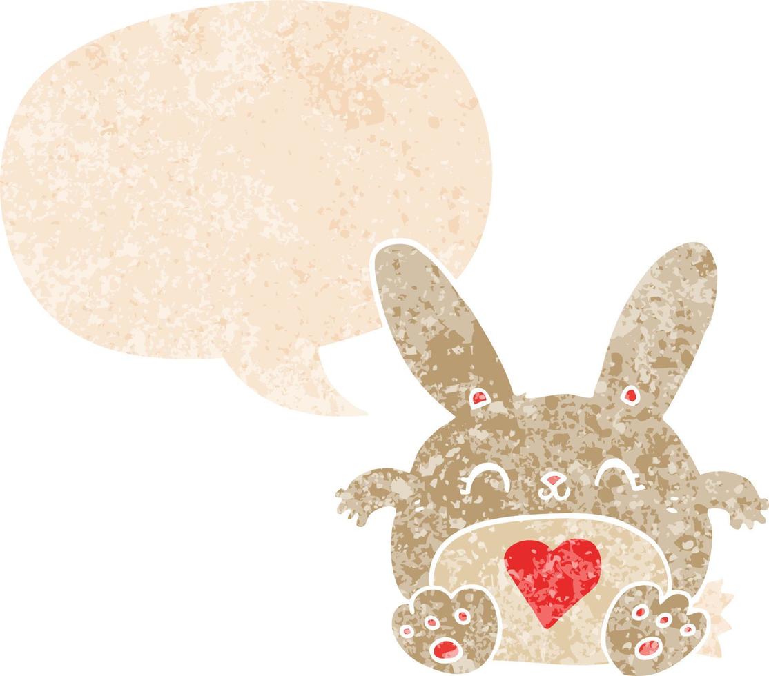 söt tecknad kanin med kärlekshjärta och pratbubbla i retro texturerad stil vektor
