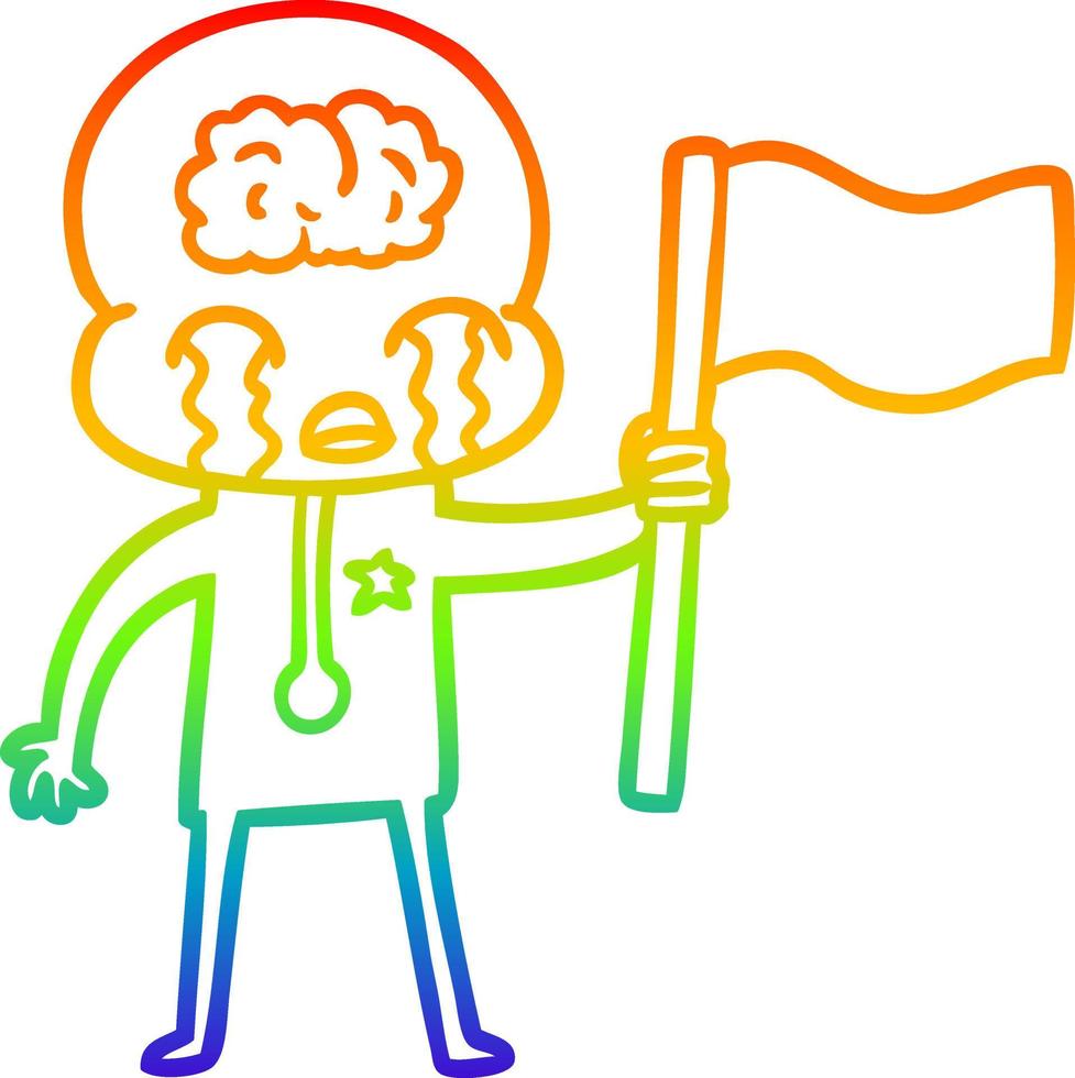 regenbogengradientenlinie zeichnung cartoon weint großes gehirn alien weht mit einer flagge vektor