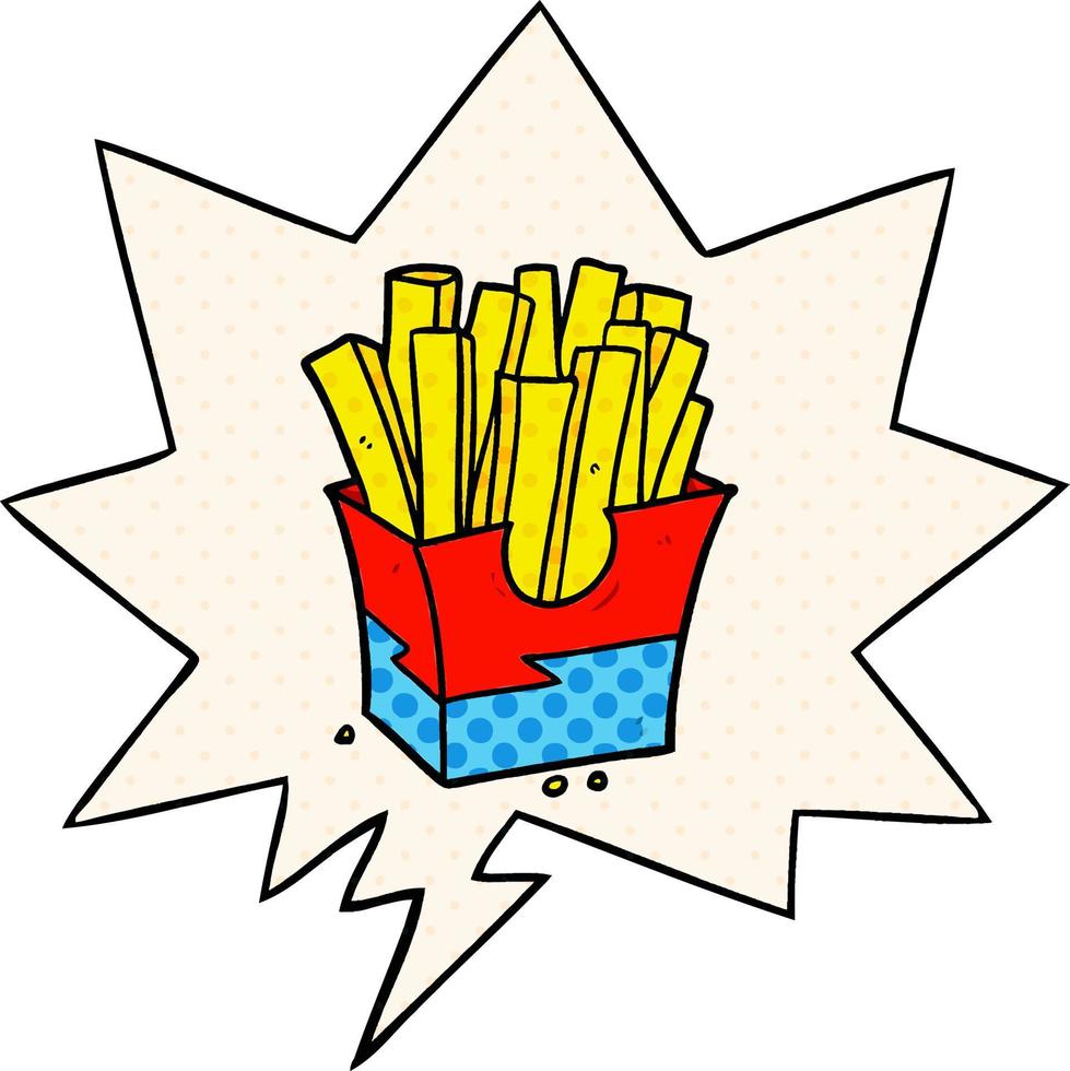Cartoon-Junk-Food-Pommes und Sprechblase im Comic-Stil vektor