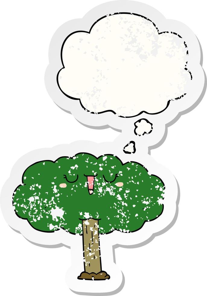 Cartoon-Baum und Gedankenblase als beunruhigter, abgenutzter Aufkleber vektor